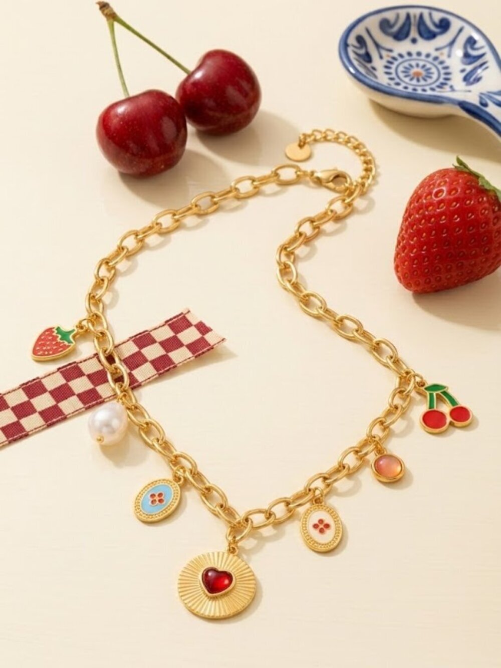 18K Gold Plated Stainless Steel Fruit Charm Faux Pearl Link Chain Necklace Y2K